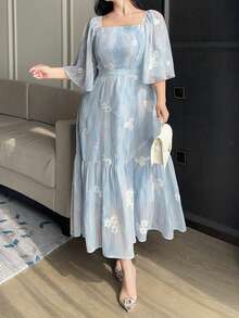 Dazy Plus Gaun Bordir Bunga Elegan Ukuran Plus, Gaun Musim Panas untuk Wanita - Baby Blue - View 5