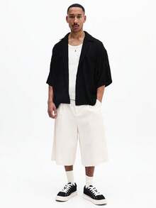 SUMWON Men's Black Textured Short Sleeve Button Down Shirt Open Front Lightweight Summer Casual Relaxed Fit Collared Top - Black - View 3