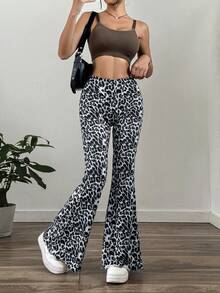 SHEIN EZwear 女士豹纹印花喇叭针织裤，春夏款 - 灰色 - 查看 5