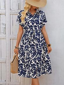 EMERY ROSE 女士休闲度假风衬衫领蝙蝠袖纽扣中长连衣裙，适合日常外出和休闲穿着。女士夏季连衣裙，裹身裙，女士夏季服装，女士休闲连衣裙，女士度假连衣裙，夏季度假服装，女士休闲连衣裙 - 藍色 - 查看 7