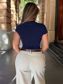 Maria Perezxox 女士性感优雅简约棕色不对称露肩休闲百搭衬衫单肩上衣深蓝色单袖上衣 - 藏蓝色 - 查看 2