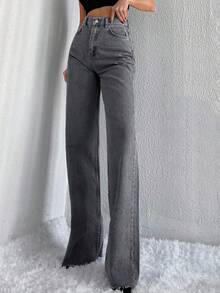 SHEIN Tall 100% 纯棉高腰原边阔腿牛仔裤 - 深灰色 - 查看 3