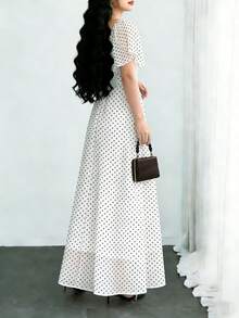 Modelyn 波点印花时尚方领短袖设计女士简约长连衣裙，夏季收腰优雅长裙，适合夏季度假和日常穿着 - 彩色 - 查看 5