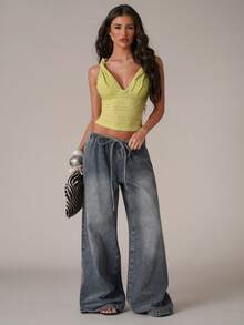 SHEIN BAE Damen Lässig Urlaubs Spaghetti-Träger Twist Taille Seitenschlitz Gerafftes grünes strukturiertes Camisole Top, geeignet für Strandurlaub, Schwester Lässig Urlaub, Musikfestival, Lässig Ausflüge, Alltagstragen - Grün - Übersicht 4