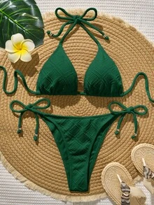 Swim Vcay Bộ đồ bơi bikini gợi cảm buộc dây màu trơn đi biển mùa hè cho nữ - màu xanh lá - Xem 5