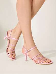 CUCCOO CHICEST French Pink Satin Multi-Ribbon Wrap Square Heel High Heel Sandals Wedding Shoes - Pink - View 6