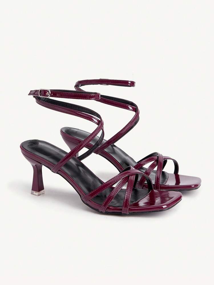 CUCCOO CHICEST Wine Red Thin Strap Criss-Cross Square Toe Patent Leather Stiletto High Heel Party Shoes For Women Wedding Shoes Spring Shoes Bride Shoes