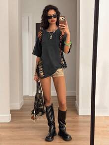 Muchica Y2k T-Shirt  Round Neck Distressed Fashionable Versatile Short Sleeve - Black - View 3