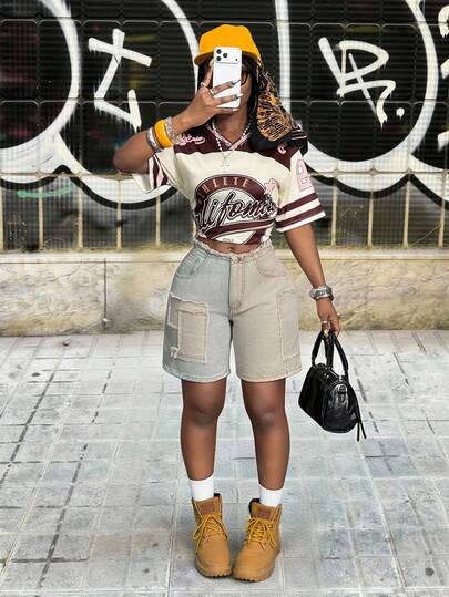 Mistrie Women's Contrast Color Waist Fringe Casual Pocket Denim Shorts