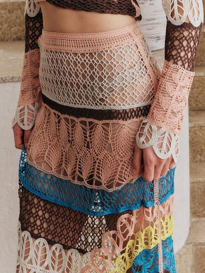 Anewsta Summer Vacation Dopamine Colorful Striped Hollow Out Long Sleeve Short A-Line Cover Up Set