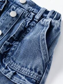 年轻女孩新款休闲时尚可爱荷叶边口袋设计水洗牛仔短裤 - 藍色 - 查看 6