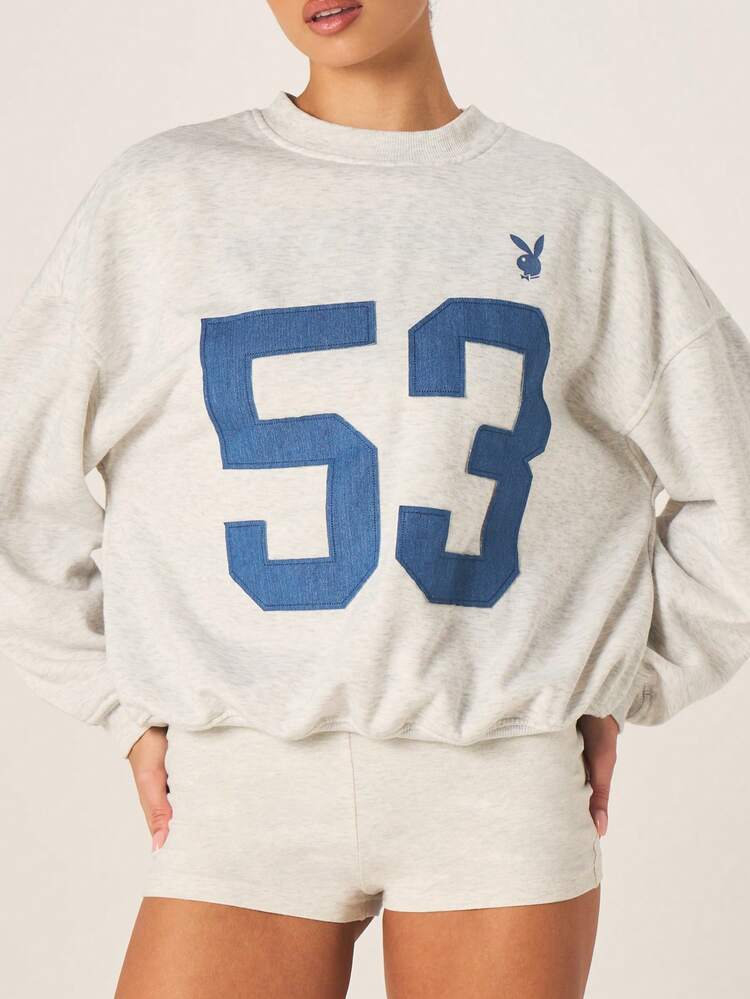 Missguided x Playboy Women's Graphic Number 53 Oversized Crew Neck Long Sleeve Pullover Sweatshirt With Bunny Logo