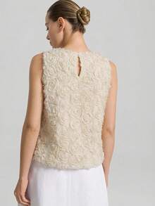 Ontre 女士四季粉色立体花朵网纱背心，圆领时尚设计背心，日常百搭背心 - 米色 - 查看 4