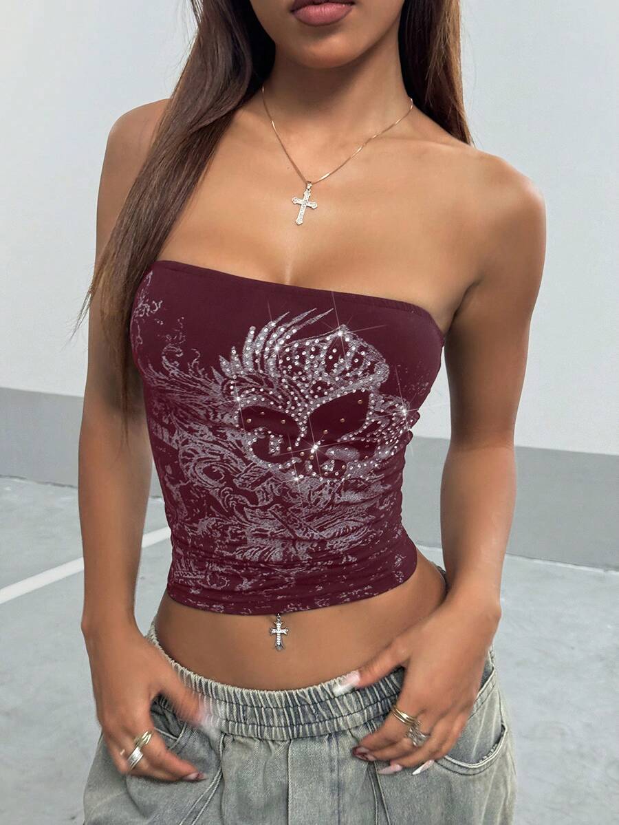 StreetHx Streetwear Women's Rock Punk Rhinestone Decor Bandeau Top - Hot Pink - View 1