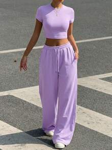 SHEIN EZwear 2pcs Women Purple Round Neck Short Sleeve Top And Pants Set, Minimalist Style - Purple - View 5