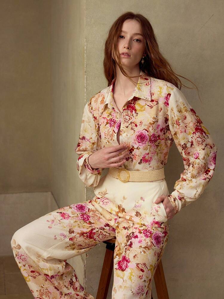 WOMEN'S FLORAL PRINT LONG SLEEVE RAYON LINEN BLENDED SHIRT, NATURAL ELEGANT AND COMFORTABLE, SPRING/SUMMER
