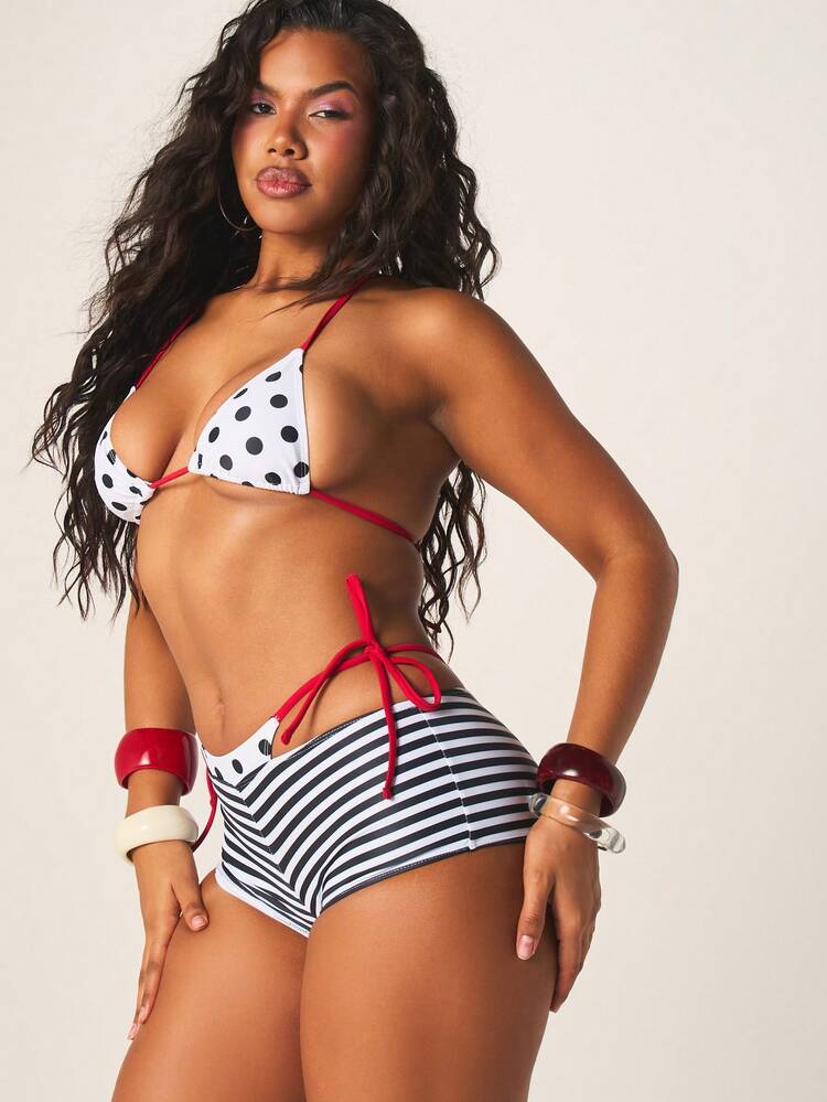 MISSGUIDED Triangle Halter Bikini Set With Polka Dot Top And Striped High Rise Bottom For Summer Beach Vacation