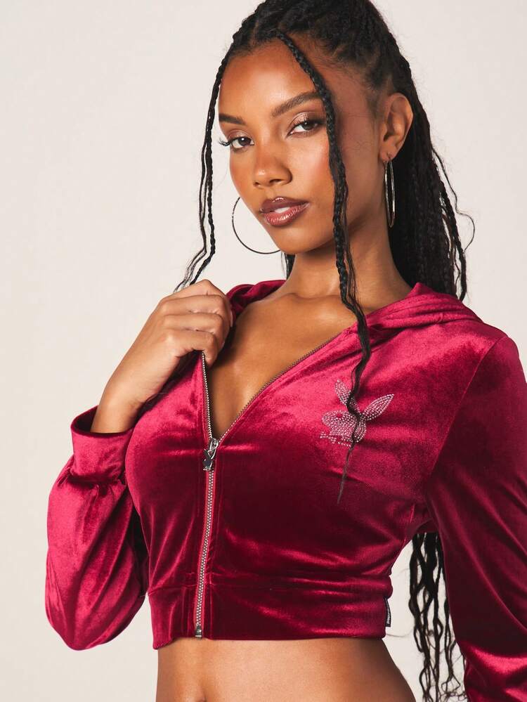 Missguided x Playboy Rhinestone Crop Zip Up Hoodie With Bunny Logo