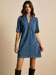 Poéselle 女士休闲水洗牛仔短袖连衣裙 - 中等水洗藍 - 查看 3