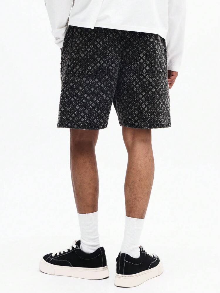 Men's Textured Denim Shorts With All Over Print Pattern Casual Summer Relaxed Fit Above Knee Length Street Style Bottoms