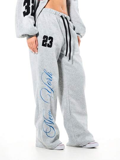 SUMWON WOMEN Oversized Wide Leg Heather Grey Sweatpants With Number Graphics And Script Print For Casual Loungewear