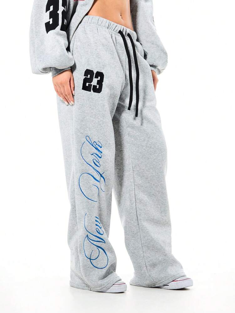SUMWON Oversized Wide Leg Heather Grey Sweatpants With Number Graphics And Script Print For Casual Loungewear
