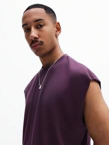 SUMWON 男士无袖圆领背心，星形图案印花设计，休闲夏季日常基础款T恤款式 - 酒紅色 - 查看 5