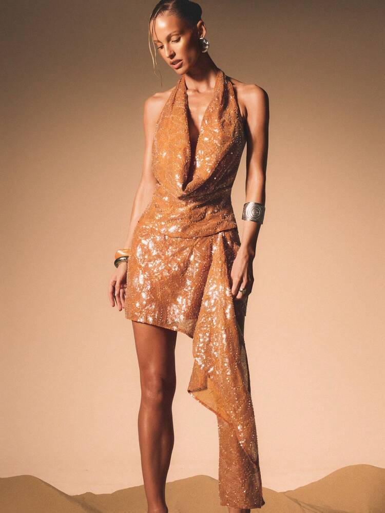 KIZN Sequined Beaded Asymmetric Drape Mini Skirt