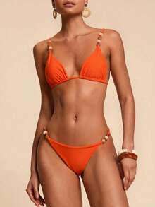Travachic 女士夏季沙滩纯色串珠吊带比基尼泳装套装 - 橘色 - 查看 3