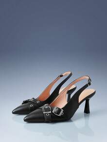 CUCCOO GRLICON Pointed Toe Thin Heel Closed Toe Belt Buckle Slingback Pumps Women - Black - View 2