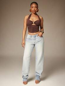 Denimoi Sexy Metallic Decor Ruched Halter Neck Blouse For Women, Summer - Brown - View 4