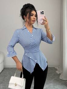 Elenzga Women's Elegant Fashion V-Neck Waist Cinched Mid-Sleeve Asymmetrical Design Daily Commute Date Minimalist Versatile Top, Blue Striped Blouse - Blue - View 3