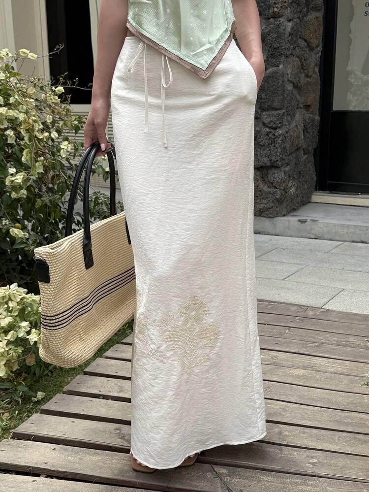 Embroidered Pattern Straight Skirt, Elegant Summer Holiday Dress For Women