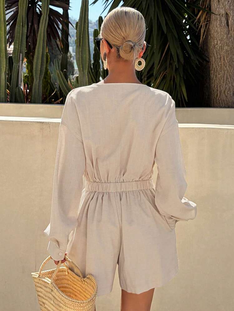 Women's Loose Solid Color Round Neck Long Sleeve Shorts Casual Jumpsuit, Spring/Summer Rompers For Women Lounge Sets For Women