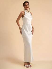 SHEIN BAE Women's White Satin Backless Elegant Mermaid Hem Dress, Graceful Formal Dress, Holiday Dress, Bridesmaid Dress, Birthday Party Dress, Graduation Dress - White - View 4