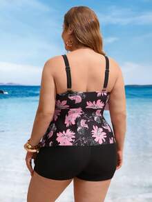 Swim Lushoire Plus Size Women 2pcs/Set Random Print Multi-Layer Ruffle Flattering Tummy Cover Beach Party Tankini Bikini Set Set - Black - View 2