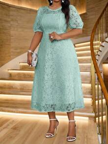 Fleurora 春夏优雅通勤办公派对情人节鸡尾酒会音乐会/音乐节白色针织蕾丝圆领喇叭泡泡袖荷叶边中长短袖大码连衣裙 - 薄荷藍 - 查看 4