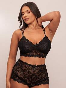 SHEIN BAE Plus Size Lace Camisole Short Pajama Sets, Sexy & Semi-Sheer - Black - View 5