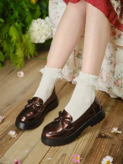 Dola Lovely Women Shoes College Sweet Cool Bow Decorative Round Toe Platform Sole Glossy Brown Loafers Daily Campus Wear