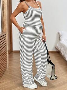 SHEIN Summer Outfits Striped Two-Piece Casual Maternity Set, Basic And Simple Design, With A Comfortable Elastic Waistband That Won't Feel Constricting.  2pcs Maternity Casual Vacation Striped Print Camisole Top And Adjustable Waist Pants Set - Black and White - View 4