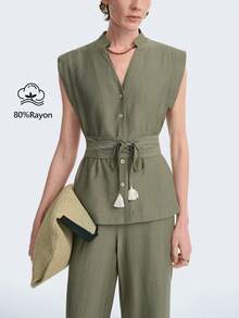 Aalyst 都市时尚休闲度假新款女士橄榄绿V领无袖系带流苏装饰阔腿裤，适合日常穿着、婚礼、正式场合、通勤、毕业派对、假日、约会、聚会、万圣节、圣诞节、新年、感恩节、婚礼女士两件套 - 綠色 - 查看 2