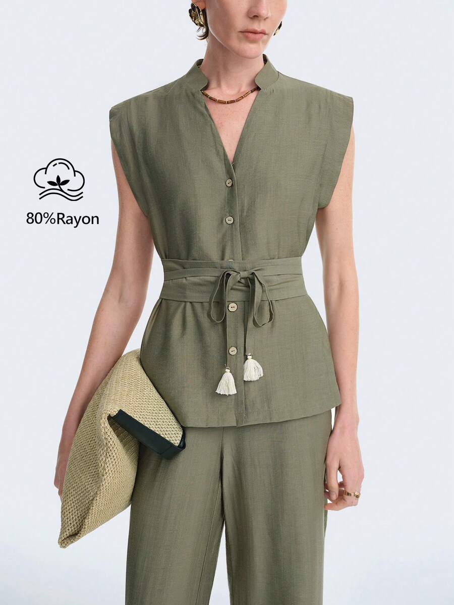 Aalyst 都市时尚休闲度假新款女士橄榄绿V领无袖系带流苏装饰阔腿裤，适合日常穿着、婚礼、正式场合、通勤、毕业派对、假日、约会、聚会、万圣节、圣诞节、新年、感恩节、婚礼女士两件套