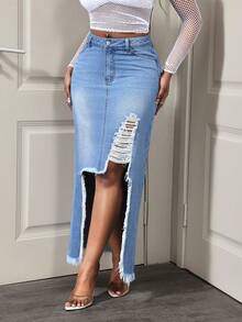 BamGleam 牛仔女郎风蓝色牛仔毛边性感迷你裙，春季女装 - 中等水洗藍 - 查看 3