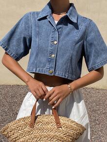 Livesso Women's Casual Everyday Washed Front Button Short Sleeve Denim Blouse - Blue - View 5