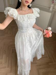 DAZY 荷叶边袖小碎花吊带连衣裙，通勤方领连衣裙夏季吊带裙 - 杏色 - 查看 4