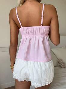 CovetEZ Women's Striped Print Lace Patchwork Casual Camisole Top - Pink - View 2