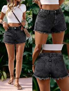 EMERY ROSE Plus Size Women's Casual Denim Frayed Hem Shorts - Light Grey - View 1