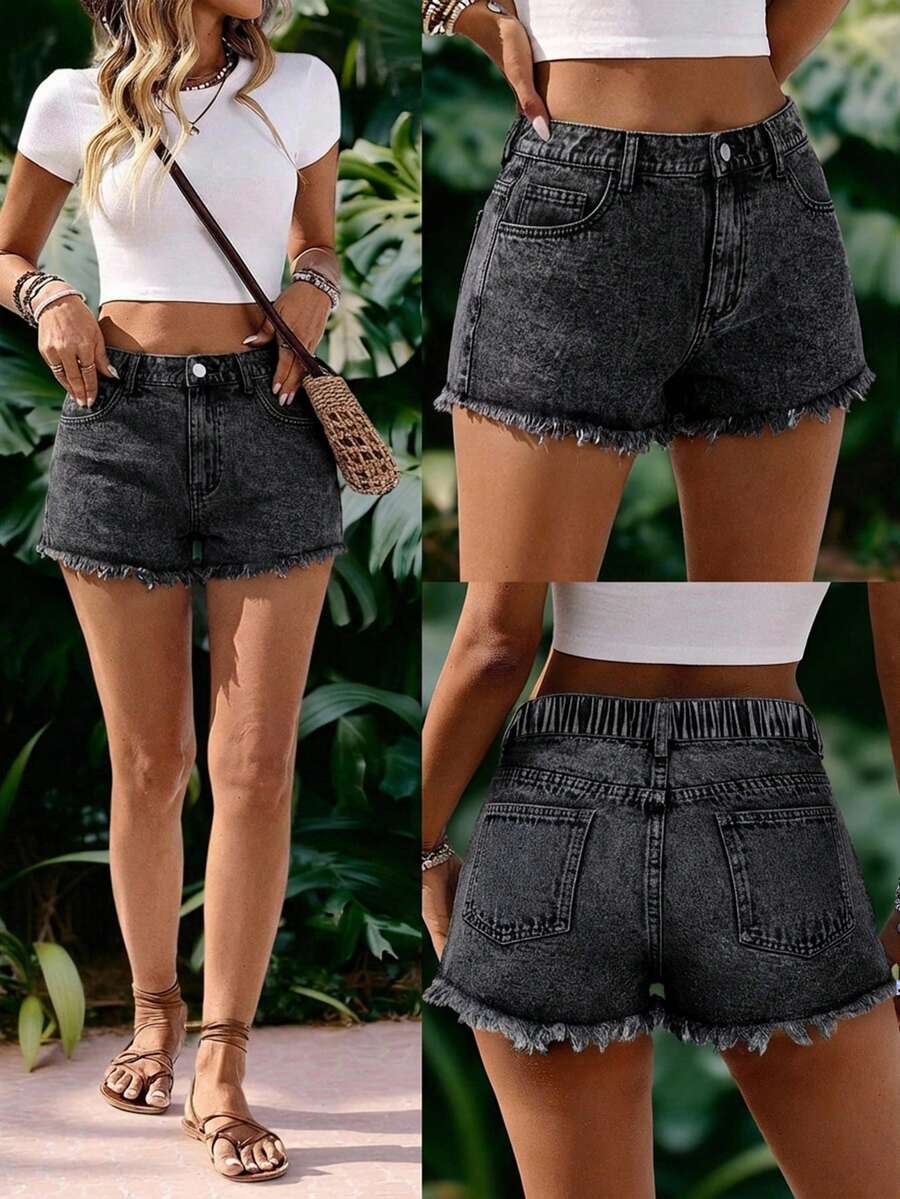EMERY ROSE Plus Size Women's Casual Denim Frayed Hem Shorts - Light Grey - View 1