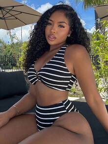 Alexandranx Ladies' Striped Circular Link Sexy Bikini Set For Summer Beach, 2pcs - Black and White - View 1