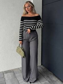 Jeta Ari Top tricotat scurt, crop, cu dungi albe și negre, pentru femei, toamnă/iarnă, cu umeri goi, minimalist, la modă, streetwear - Negru - Vizualizare 5